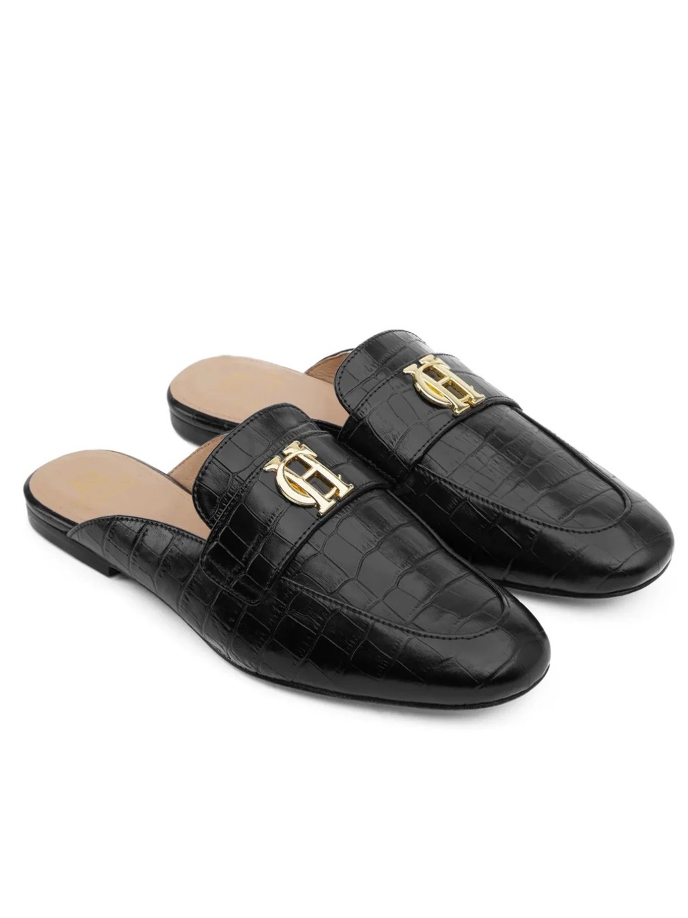 HOLLAND COOPER Leather Kingston Loafers UK 3 Black Croc-Embossed SlipOn Loafers